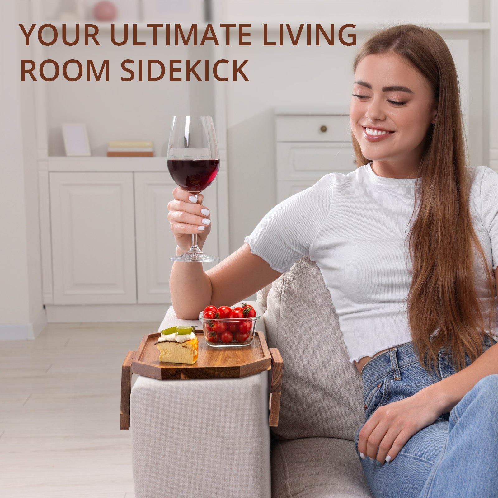 Premium Acacia Wood Sofa Arm Tray (Classic)